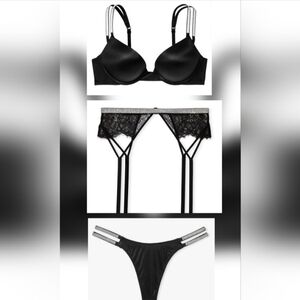 3 PC Victoria's Secret Bombshell Double Shine Strap Bra 34DD Thong Garter Belt M